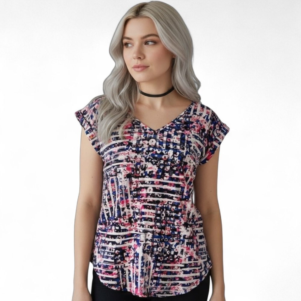 Express Blue and Pink Graphic Cap Sleeve Blouse NWOT